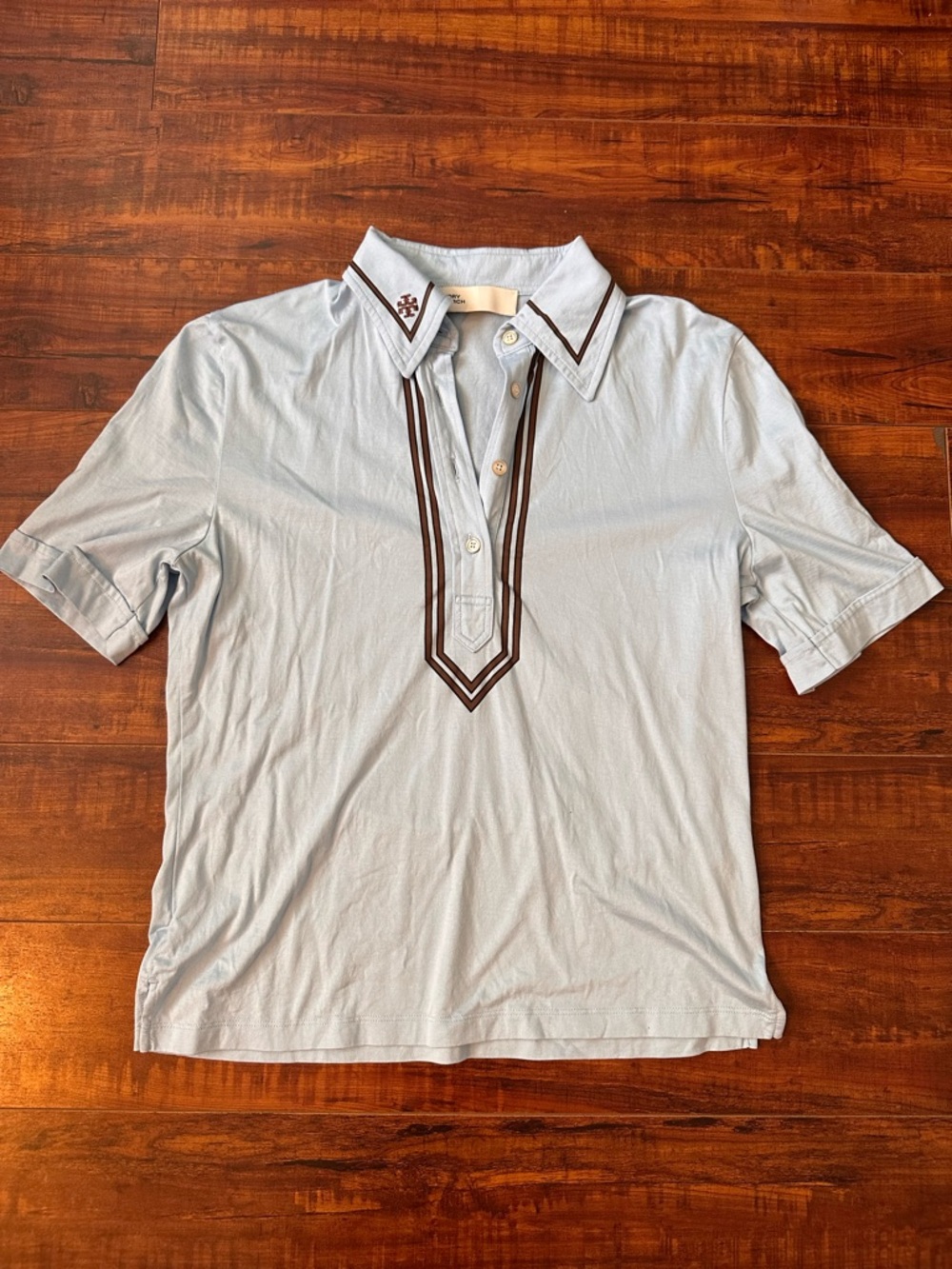 NWOT Tory Burch Light Blue Polo Tee with Brown Trim - Picture 4 of 6